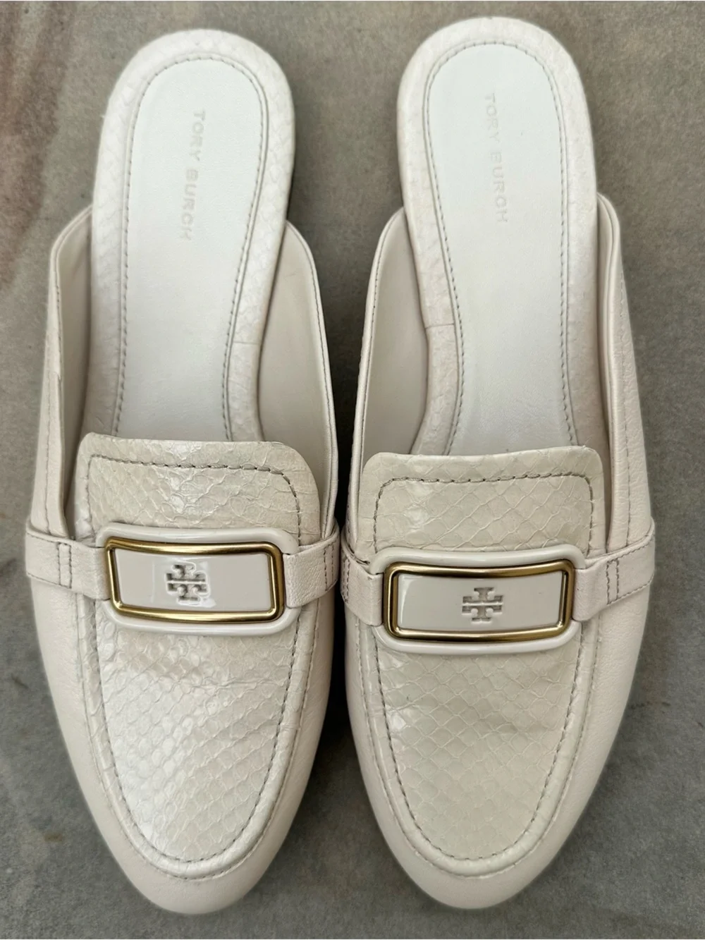 Tory Burch Georgia Backless Loafer Mules Cream Snake Embossed Logo Buckle NEW 10